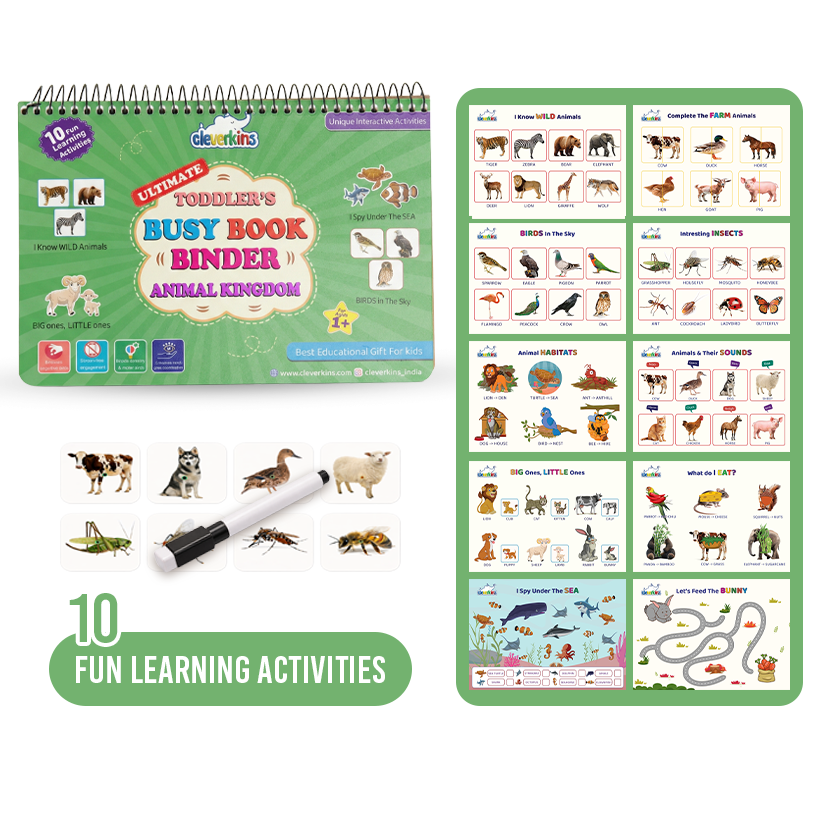 Children's educational activity book with animal illustrations and a marker on a white background