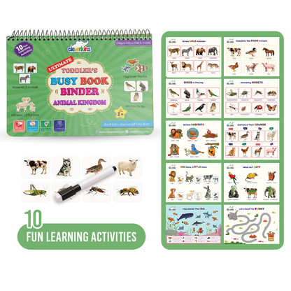 Children's educational activity book with animal illustrations and a marker on a white background