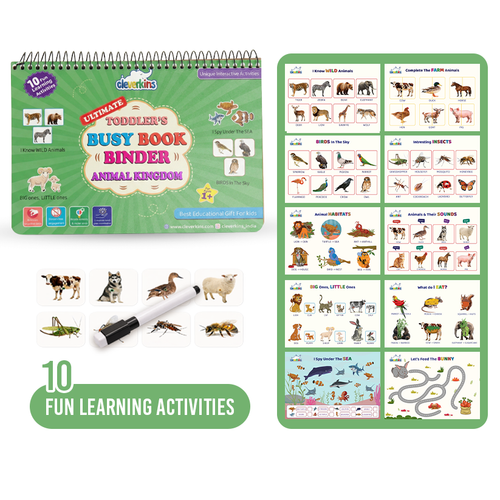 Children's educational activity book with animal illustrations and a marker on a white background