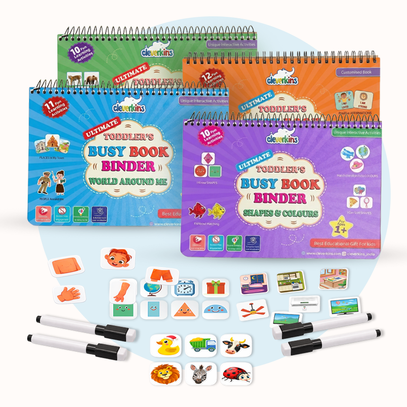Set of educational books for toddlers with markers and stickers on a white background
