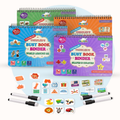 Set of educational books for toddlers with markers and stickers on a white background