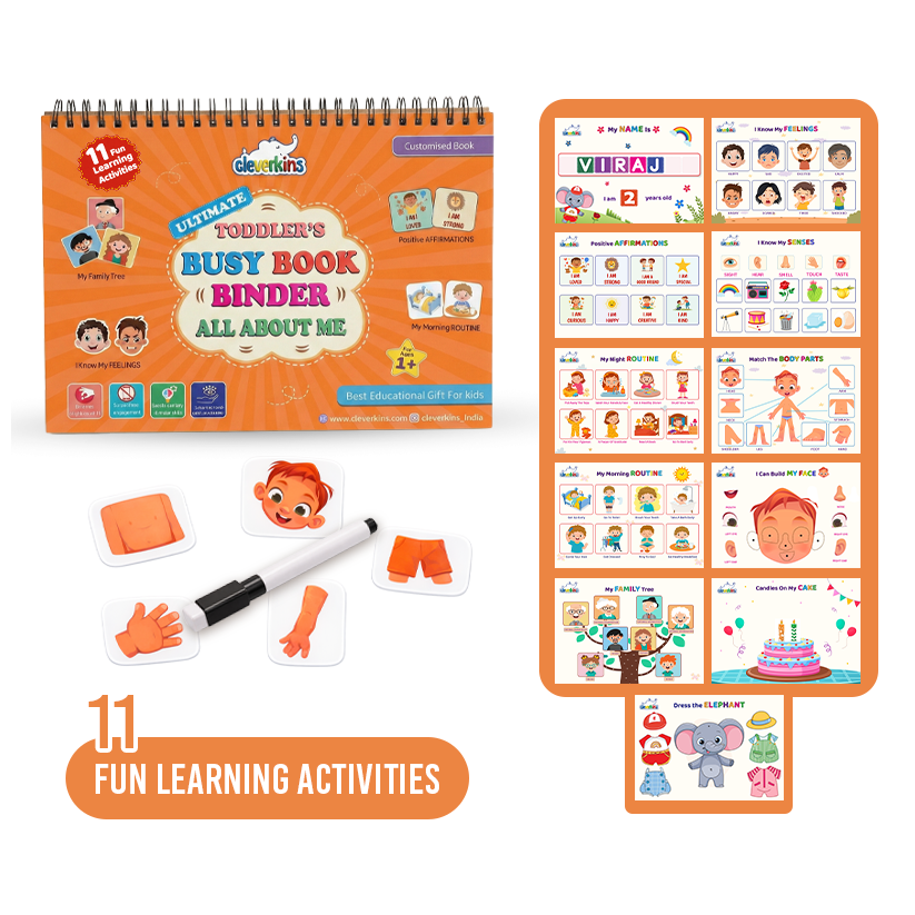 Children's busy book binder with colorful pages and learning activities on a white background