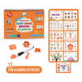 Children's busy book binder with colorful pages and learning activities on a white background