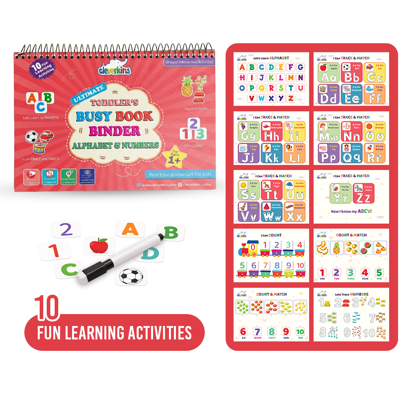 Children's busy book binder with alphabet and numbers activities, pen, and stickers on a white background