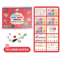 Children's busy book binder with alphabet and numbers activities, pen, and stickers on a white background