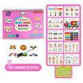 Pink children's busy book binder with various educational activities on a white background