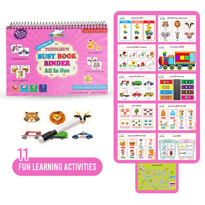 Pink children's busy book binder with various educational activities on a white background