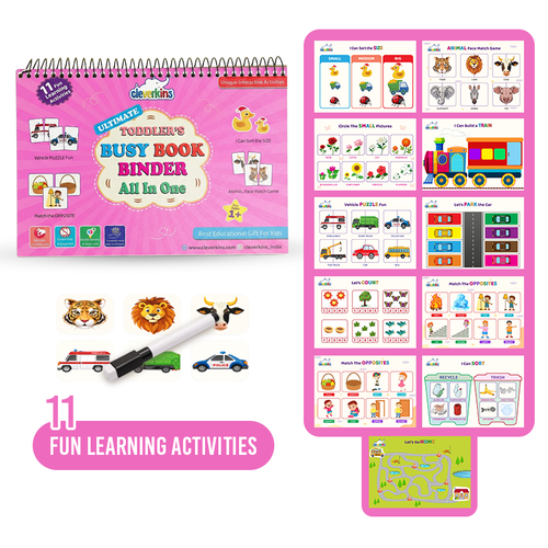 Pink children's busy book binder with various educational activities on a white background