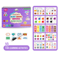 Purple educational binder with colorful pages and a marker on a white background