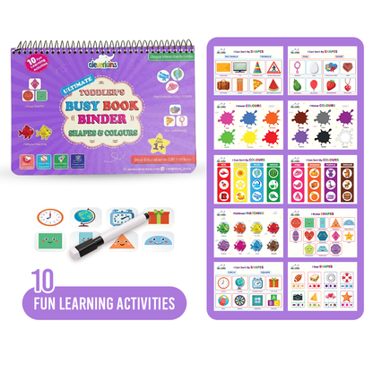 Purple educational binder with colorful pages and a marker on a white background