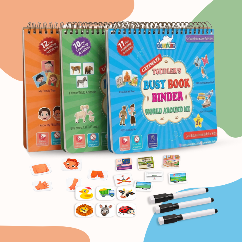Children's Busy Book Binder with flashcards and markers on a colorful background