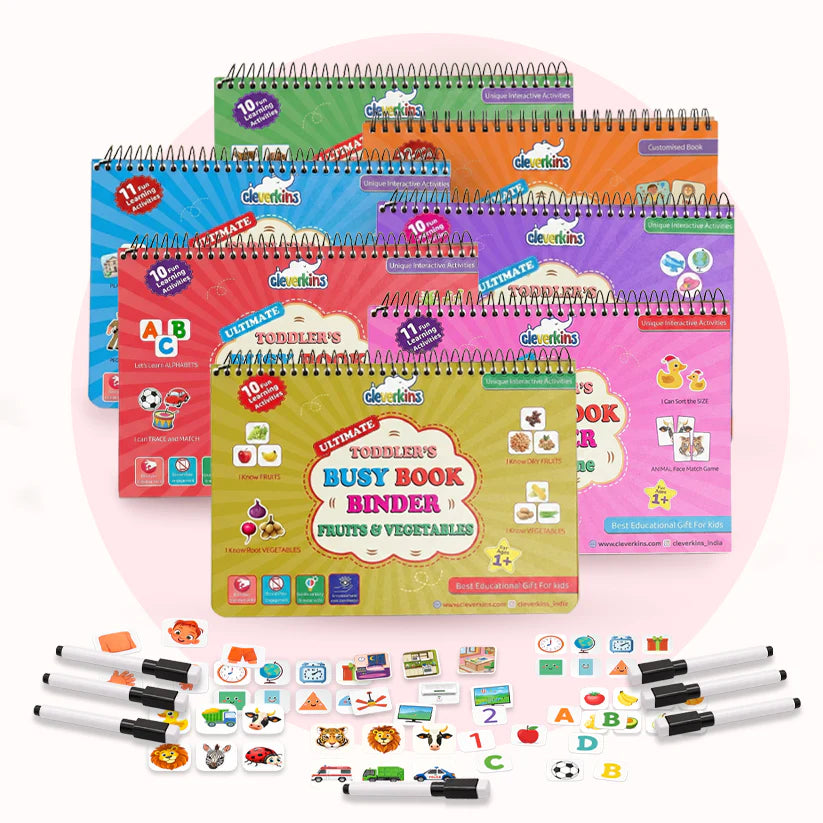 Colorful children's activity books with markers on a white background
