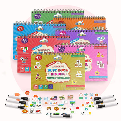 Colorful children's activity books with markers on a white background