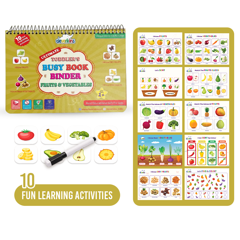 Toddler's Busy Book with fruits and vegetables theme on a white background