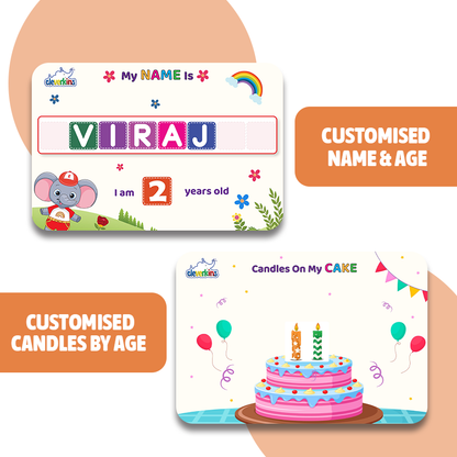 Children's name card with 'My NAME is VIRAJ' and a birthday cake card with candles, on a white background.