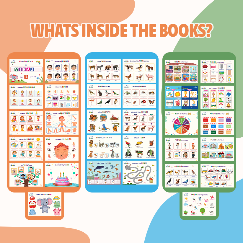 Educational posters with illustrations and text on a colorful background