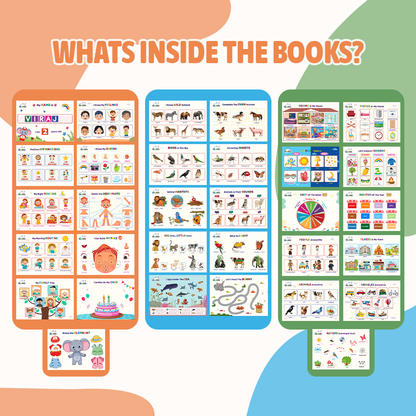 Educational posters with illustrations and text on a colorful background