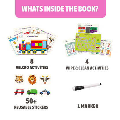 Product packaging with educational materials and features listed on a white background
