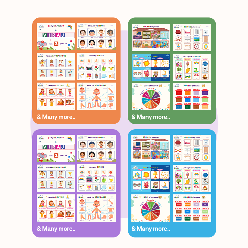 Four colorful educational posters with various illustrations and text on a white background.