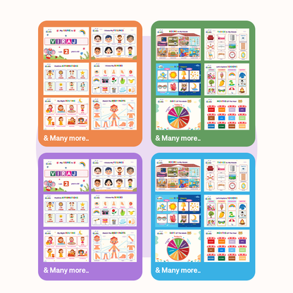 Four colorful educational posters with various illustrations and text on a white background.