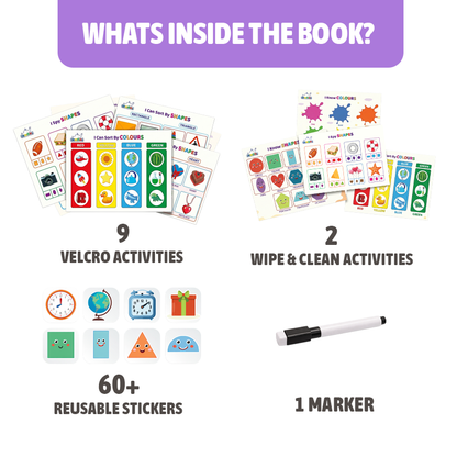 Educational materials including cards, stickers, and a marker with text indicating contents.