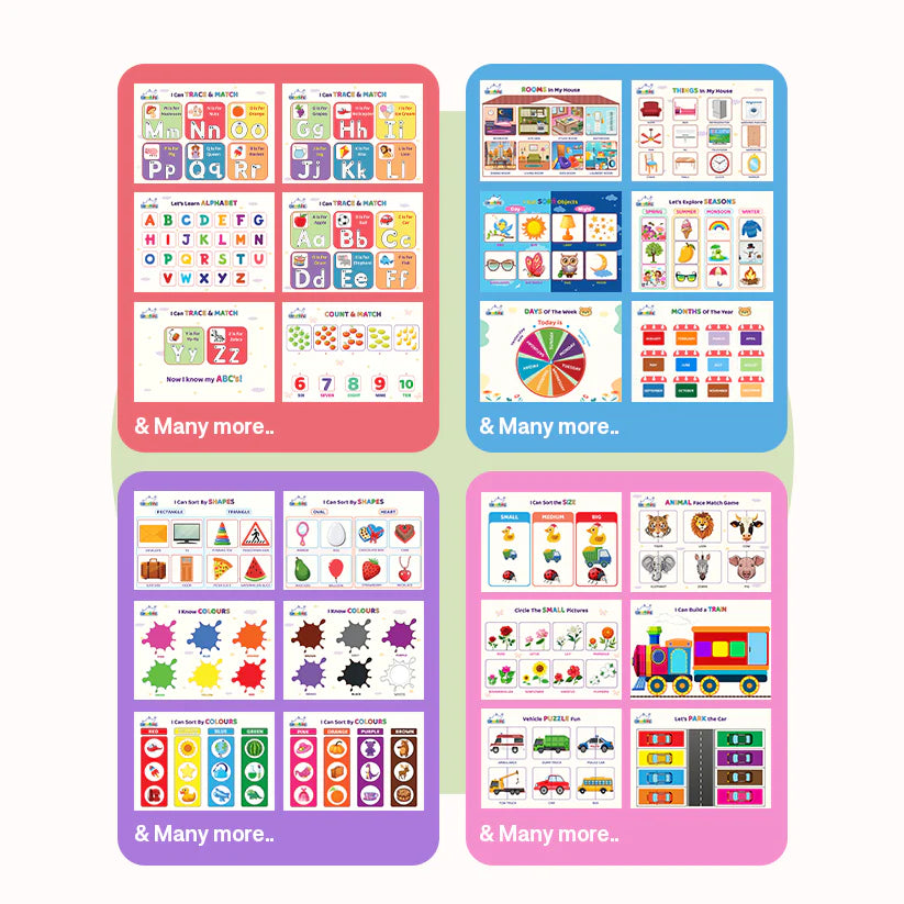 Set of colorful educational flashcards with various images and text on a white background
