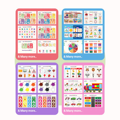 Set of colorful educational flashcards with various images and text on a white background
