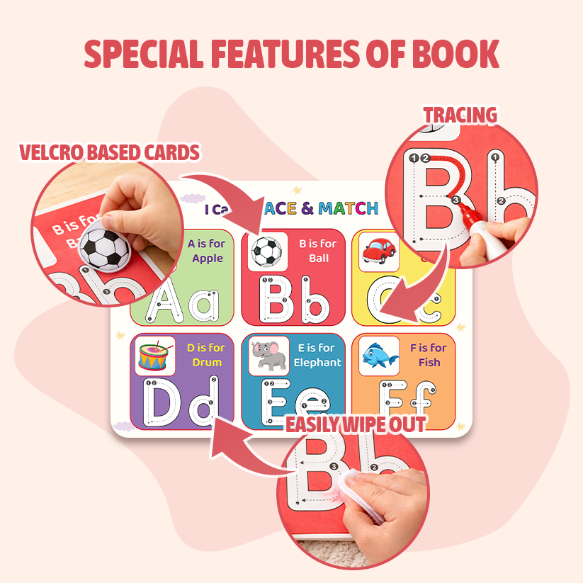 Children's educational book with velcro-based cards for learning letters and numbers.