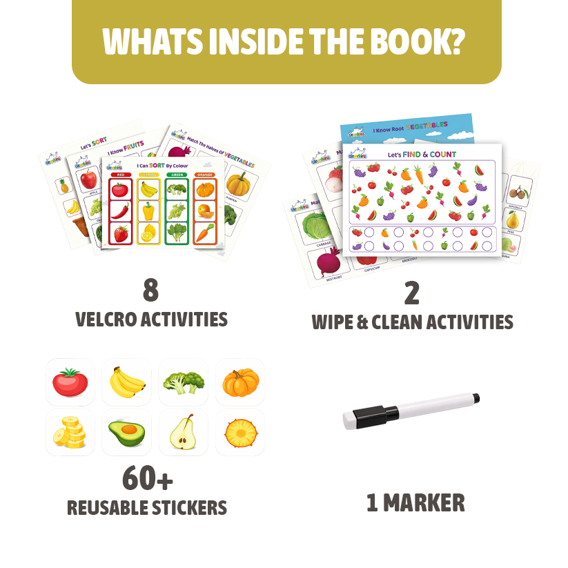 Educational book contents including Velcro activities, wipe & clean activities, stickers, and a marker on a white background.