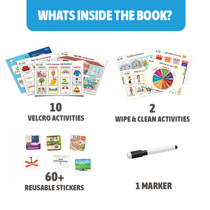 Educational book contents including Velcro activities, wipe & clean activities, stickers, and a marker on a white background.