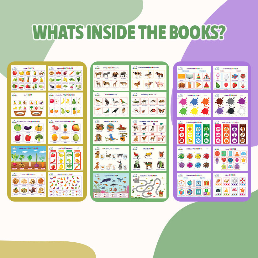 Three educational posters with colorful illustrations of animals, fruits, and shapes on a green and purple background.