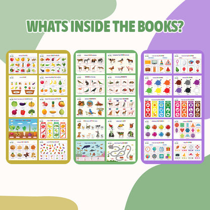 Three educational posters with colorful illustrations of animals, fruits, and shapes on a green and purple background.