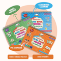 Three children's busy book binders on a white background with text highlighting features.