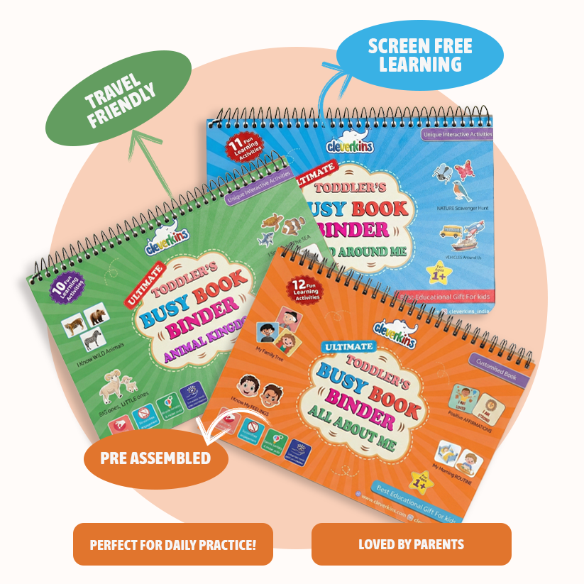 Three children's busy book binders on a white background with text highlighting features.