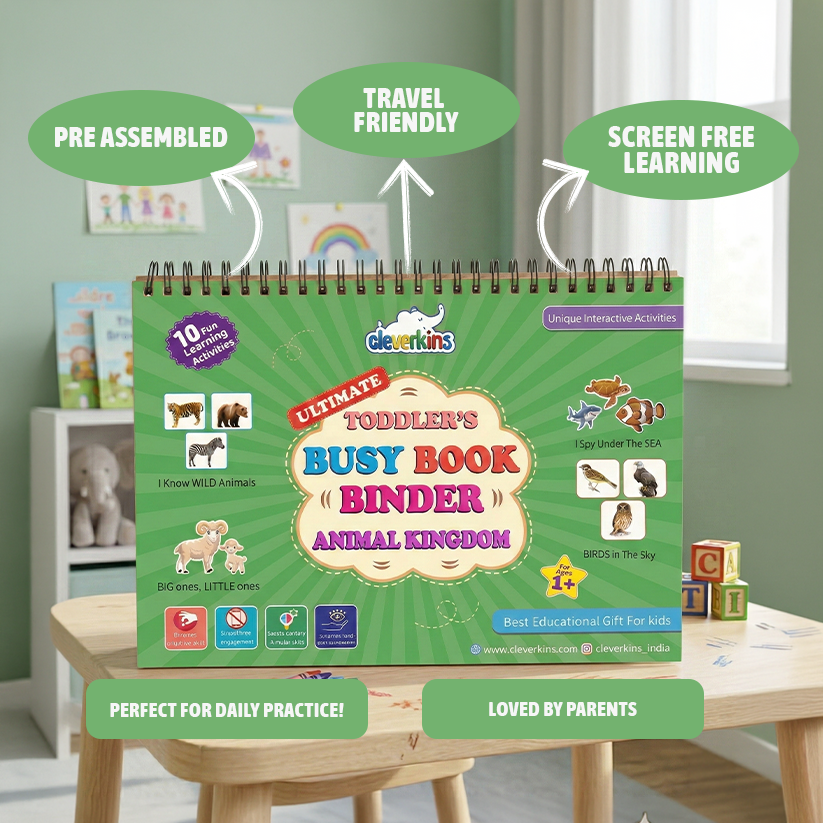 Toddler's Busy Book Binder for Animal Kingdom on a wooden stool with educational toys in the background.