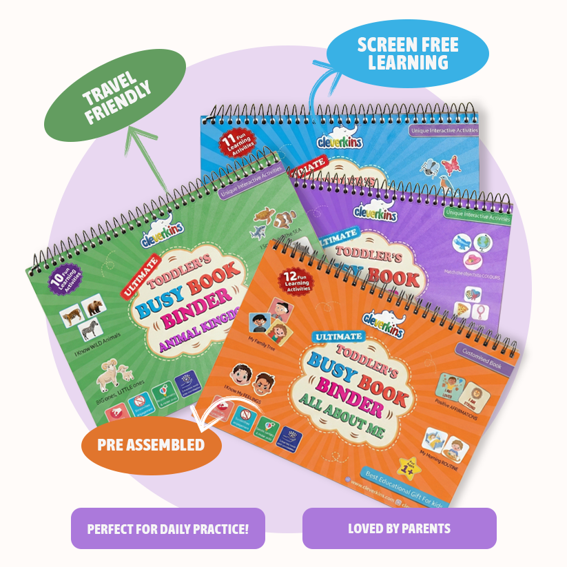 Set of children's activity books with colorful covers on a white background