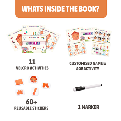 Educational book contents including velcro activities, reusable stickers, and a marker on a white background.