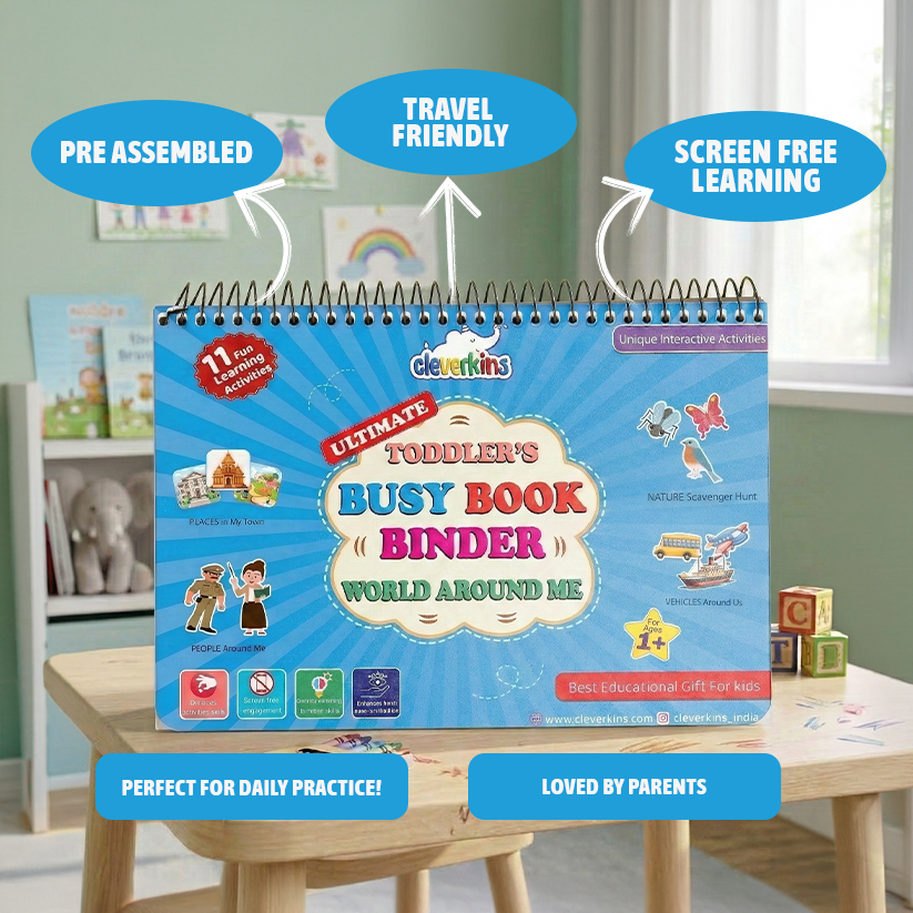 Toddler's Busy Book Binder on a table with educational toys in the background