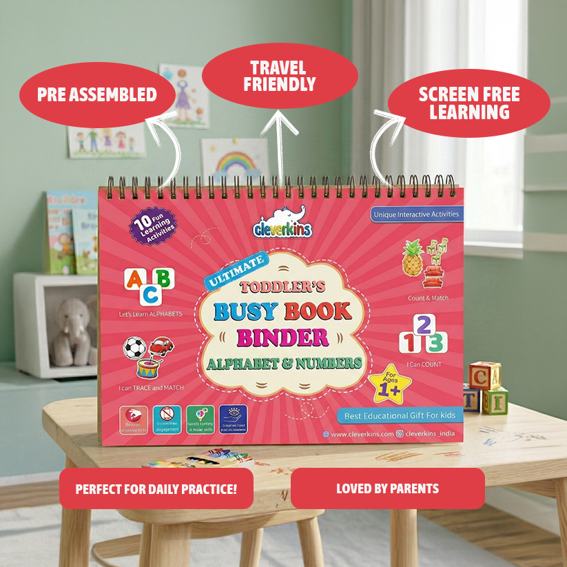 Toddler's Busy Book Binder on a table with educational toys in the background