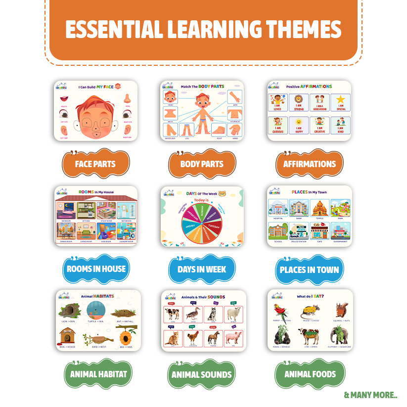 Educational flashcards with various learning themes on a white background