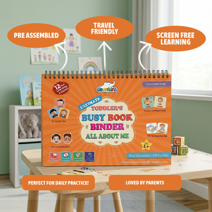 Toddler's Busy Book Binder on a table with educational toys in the background