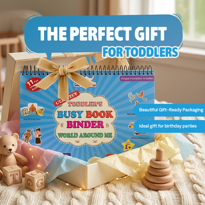Children's busy book binder with toys on a soft surface, labeled as 'The Perfect Gift for Toddlers'.