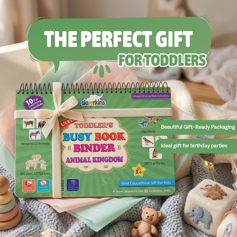 Toddler's Busy Book Binder with educational content on a soft surface with toys around