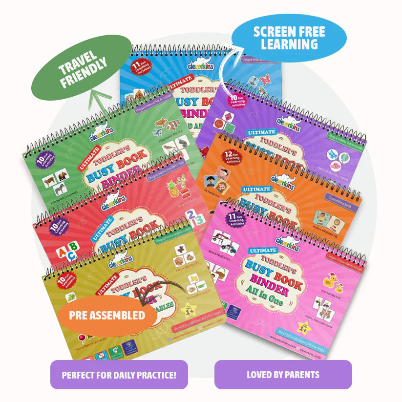 Set of colorful busy book binders for children with various colors and text labels on a white background.