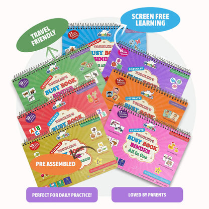 Set of colorful busy book binders for children with various colors and text labels on a white background.