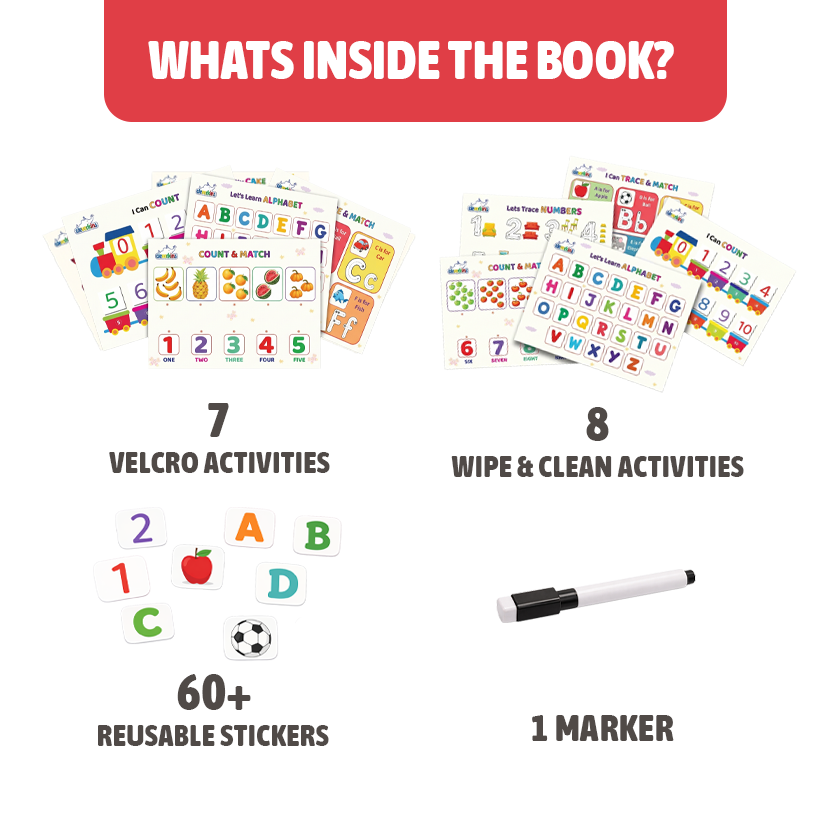 Educational book contents with activities and materials on a white background