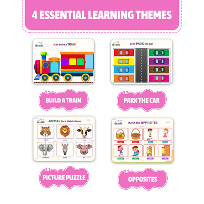 Educational game cards with learning themes on a white background