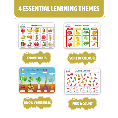 Educational posters on fruits, vegetables, sorting by color, and finding and counting for learning themes.
