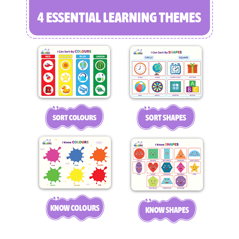 Educational learning cards for sorting colors and shapes with colorful designs on a white background.