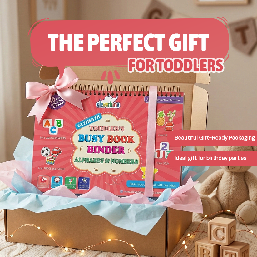 Children's busy book binder in a gift box with text 'The Perfect Gift for Toddlers'.